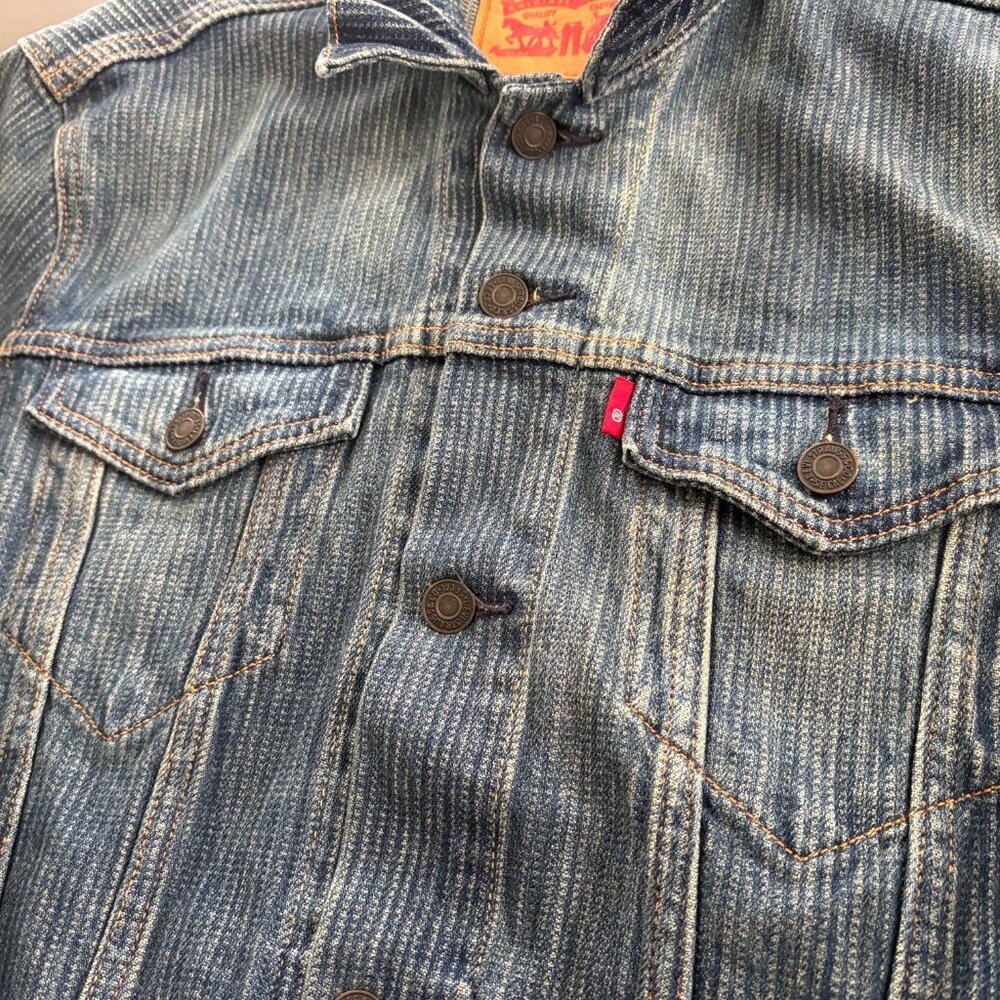 Mens Levi's Denim Trucker Biker Moto Punk Striped Jacket Size Medium - Picture 3 of 7